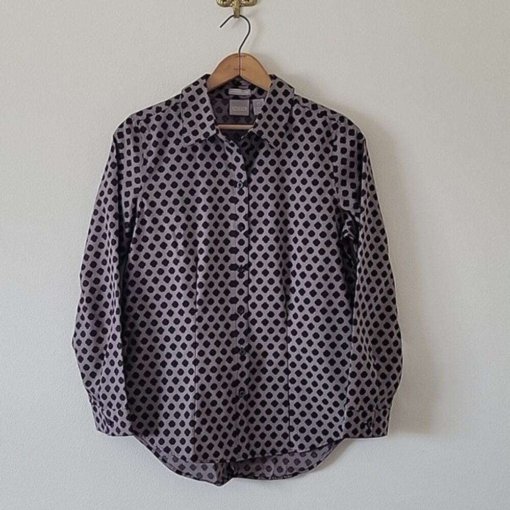 Chico's‎ Taupe Black Dot Wrinkle Resistant Button Front Shirt Size Small S